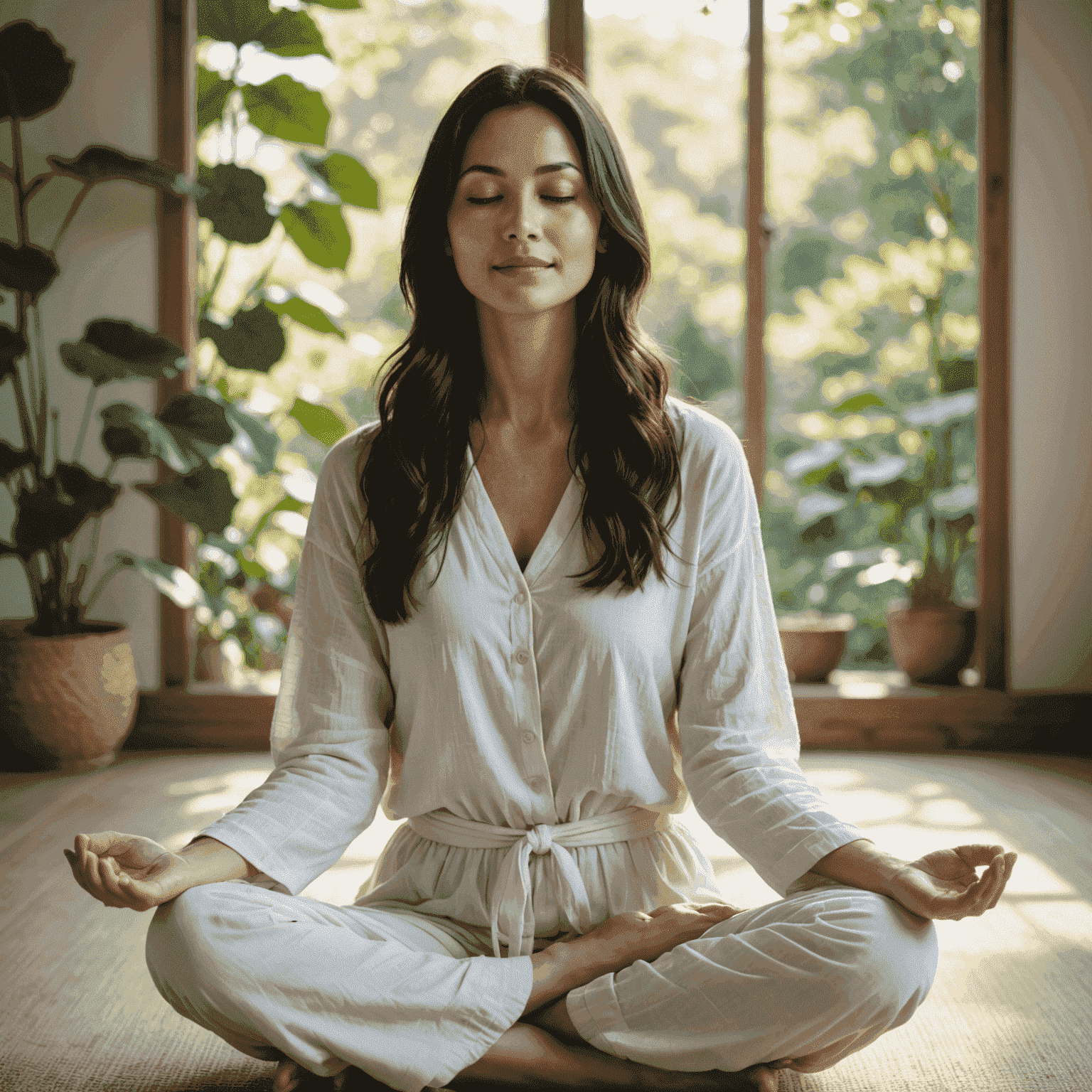 A serene woman with long dark hair, sitting in a lotus position, eyes closed, with a gentle smile. She is wearing comfortable, flowing white clothing and is surrounded by soft, natural light, suggesting a peaceful meditation space.