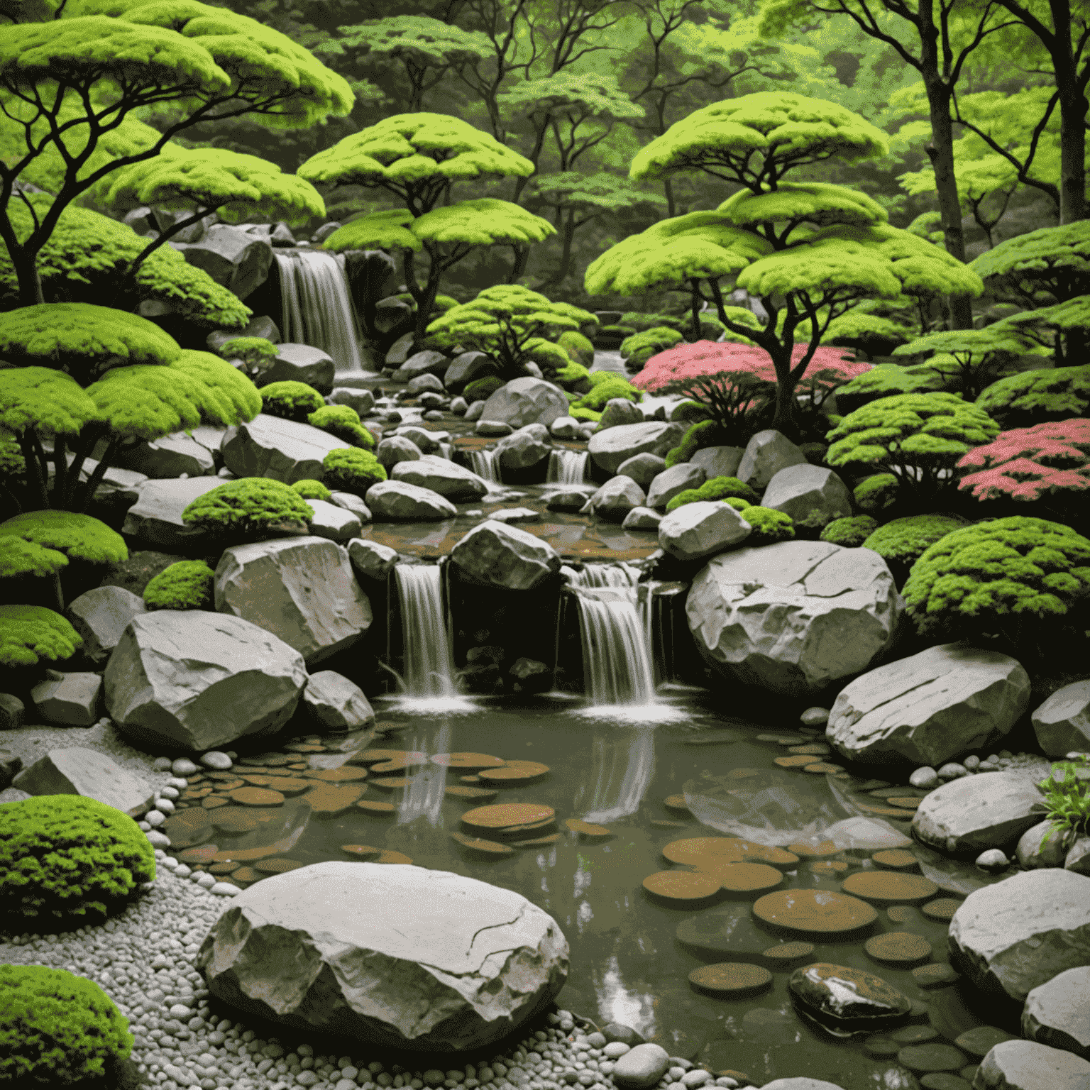 A serene Japanese garden with a small waterfall and carefully arranged rocks, symbolizing tranquility and balance