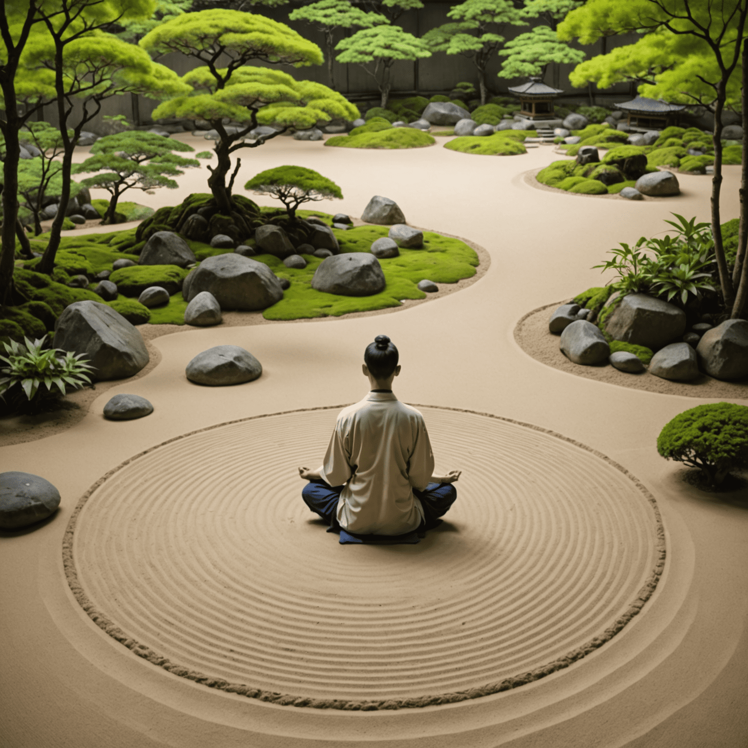 A serene Zen garden with raked sand patterns and carefully placed rocks, surrounded by lush greenery. A person is seen meditating in the center, embodying tranquility in a traditional Japanese setting.