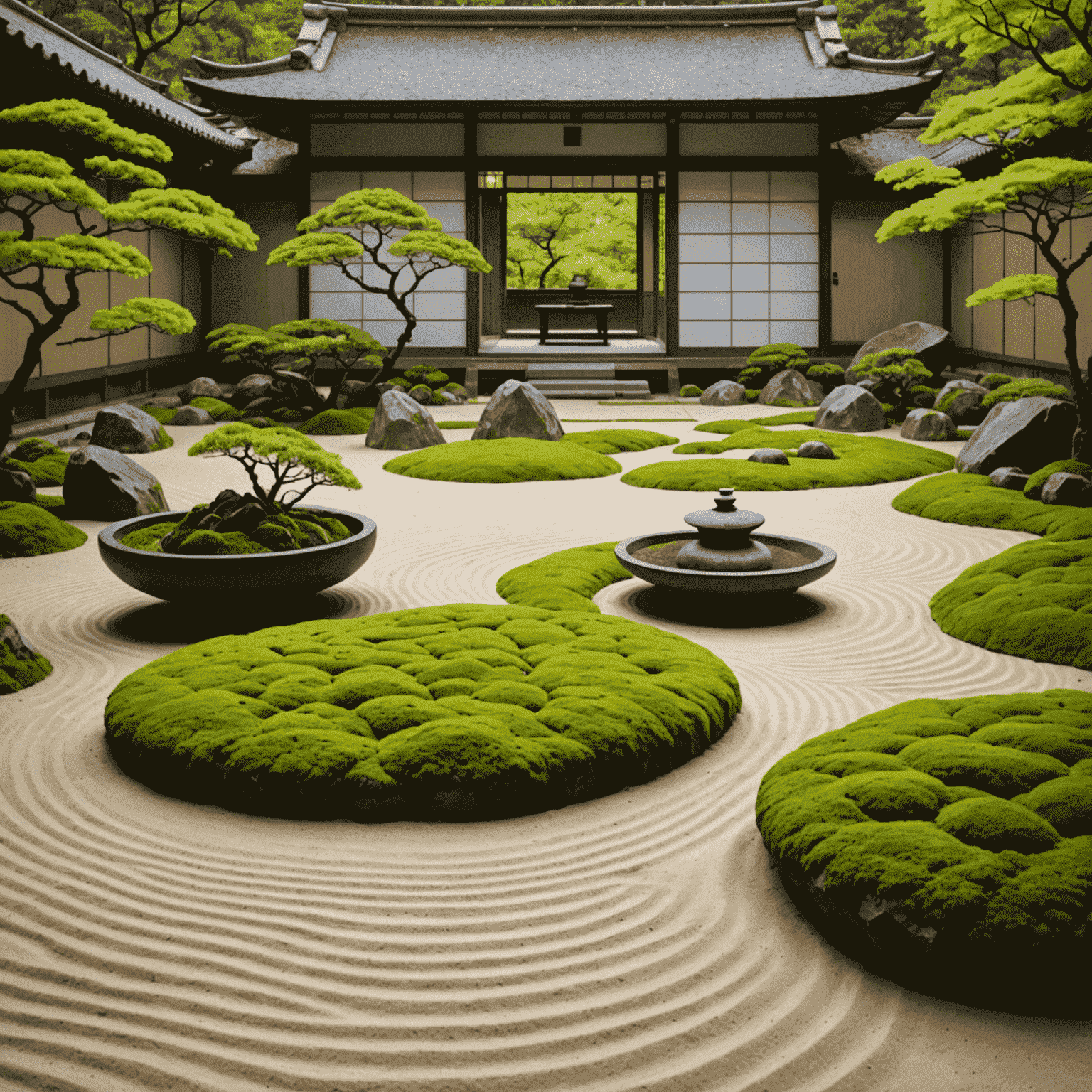 A serene Zen garden with carefully raked sand patterns, surrounded by moss-covered rocks and minimalist plant arrangements. In the background, a traditional Japanese office building can be seen, symbolizing the contrast between tranquility and the busy work environment.