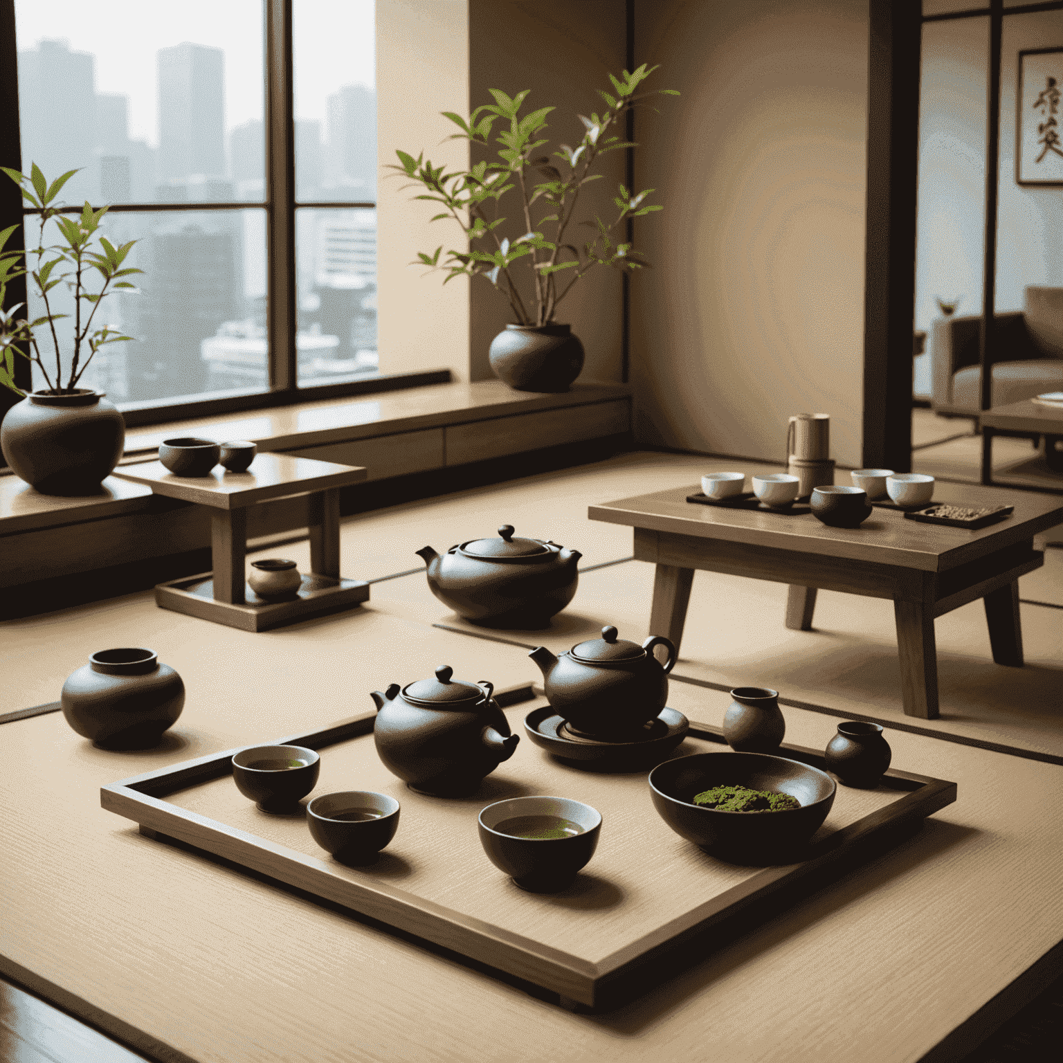 A serene Japanese tea ceremony setup in a modern office space, with a low table, tatami mats, and a view of a miniature zen garden