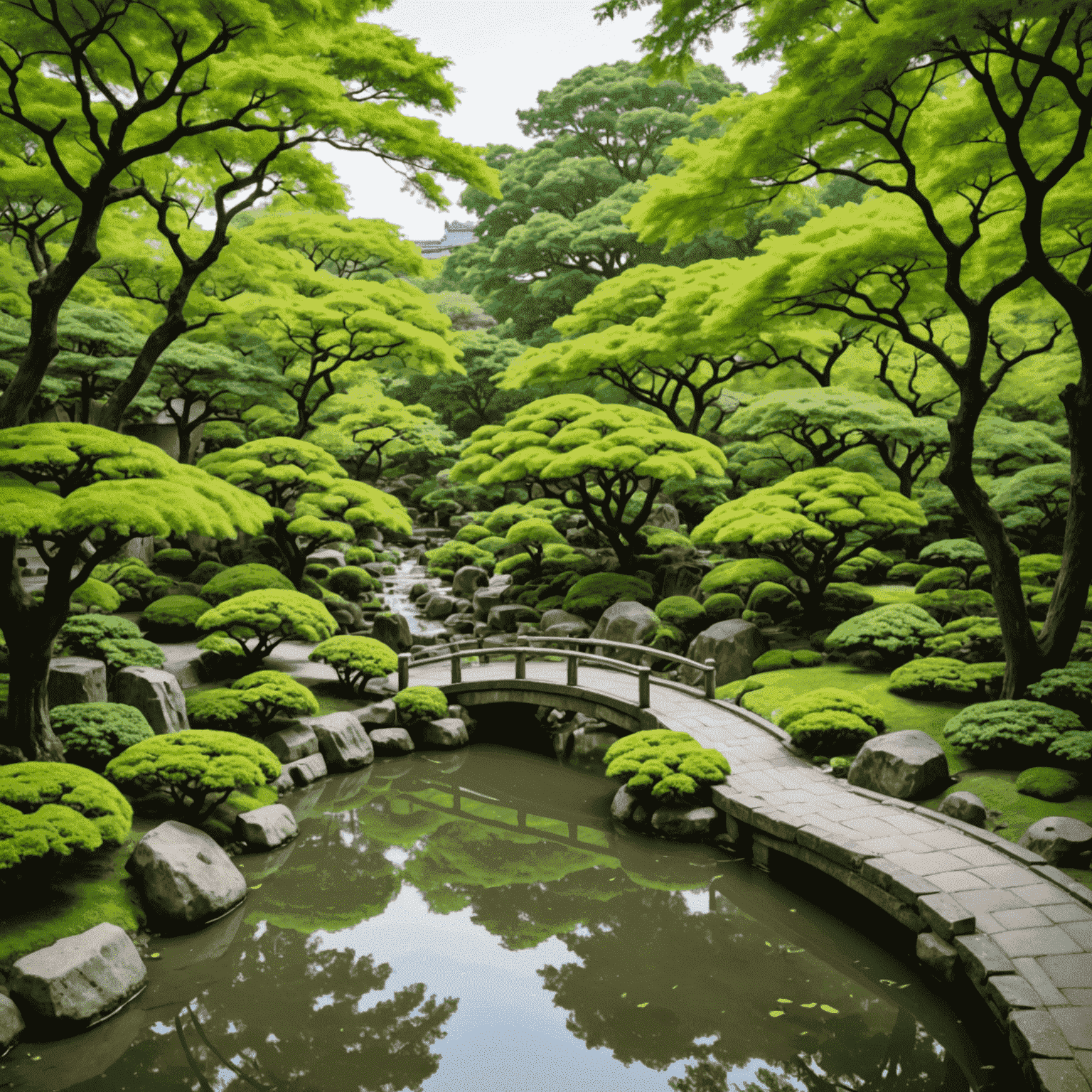 A serene Japanese garden in the heart of Tokyo, with a small stream, stone pathway, and lush green trees. People are seen walking mindfully through the garden.