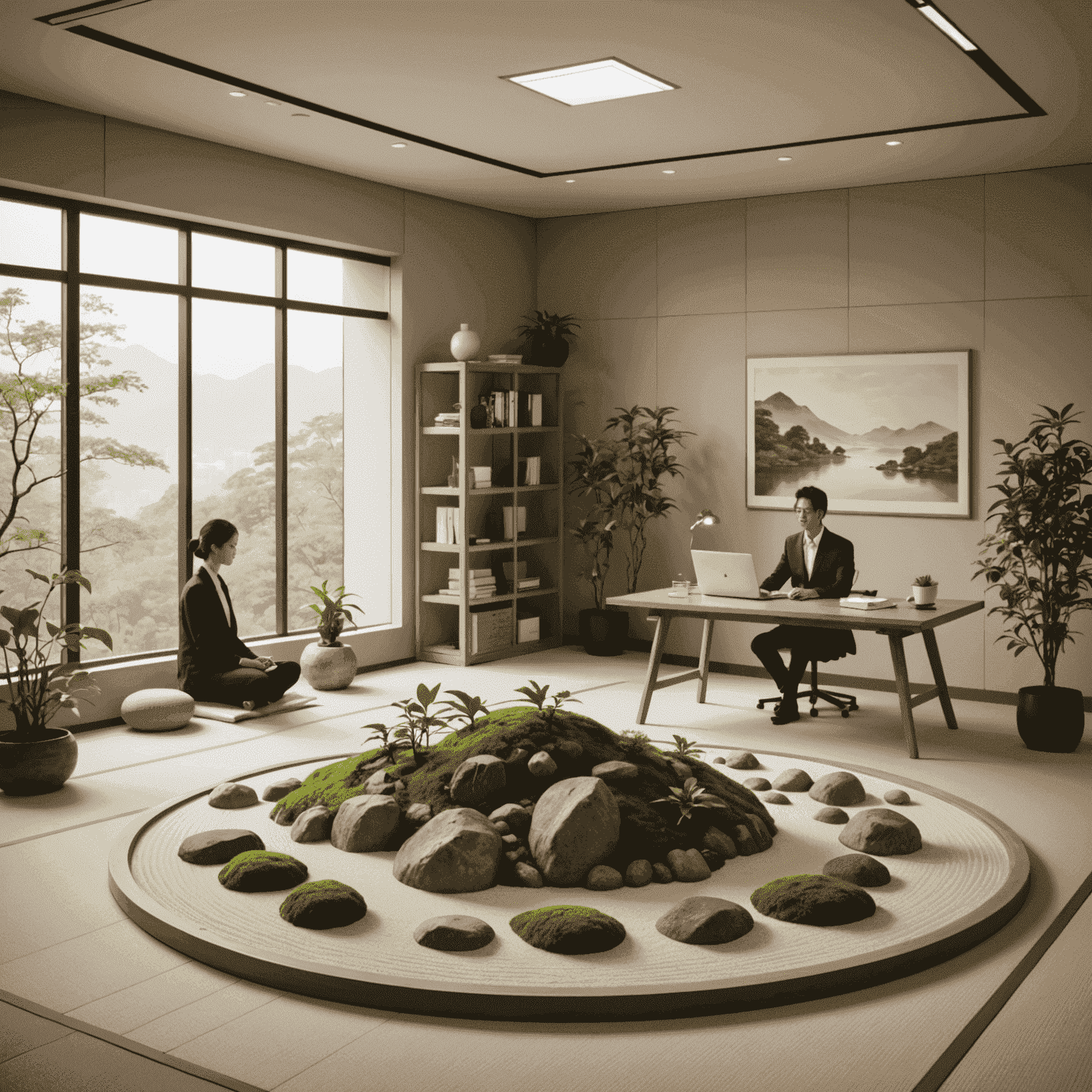 A serene Japanese office space with zen garden elements, employees practicing mindfulness techniques