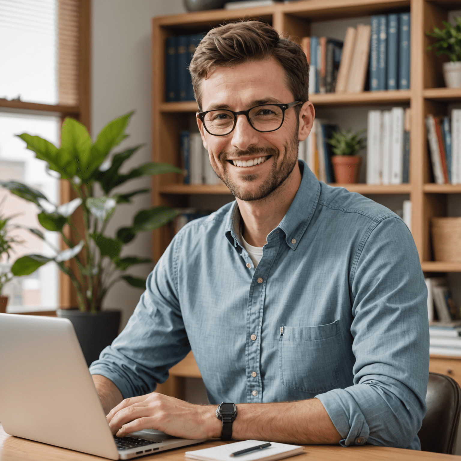 A friendly-looking man in his mid-30s with short brown hair and glasses, sitting at a desk with a laptop. He is wearing a casual button-up shirt and has a warm, approachable smile. The background suggests a home office with bookshelves and plants.