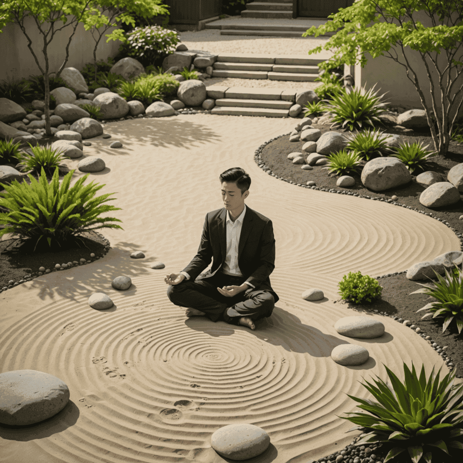 A serene Zen garden with raked sand patterns and carefully placed rocks, surrounded by lush greenery. A person in business attire is seen meditating peacefully on a small cushion in the corner of the garden.