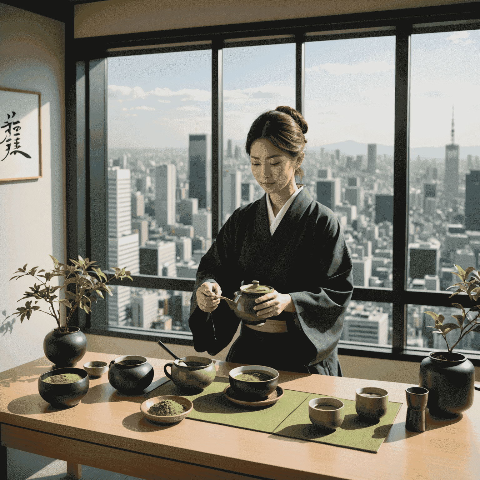 A traditional Japanese tea ceremony setting in a modern office space. A person in business attire is carefully preparing matcha tea, surrounded by minimalist office decor and a view of a bustling cityscape through large windows.