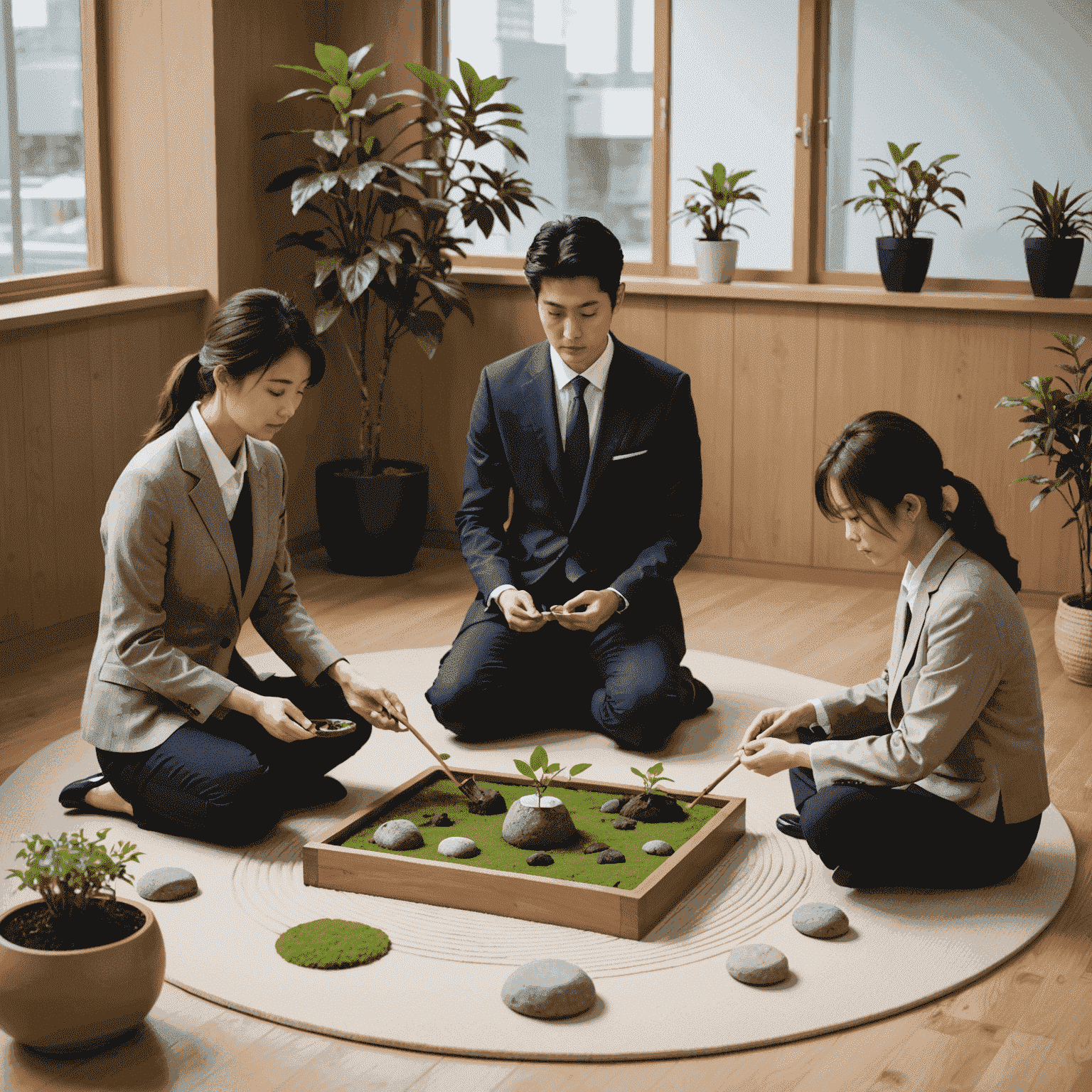 A group of Japanese office workers in business attire practicing Zen garden meditation during their lunch break. They are seen raking patterns in a small indoor Zen garden set up in a corner of their modern office space.