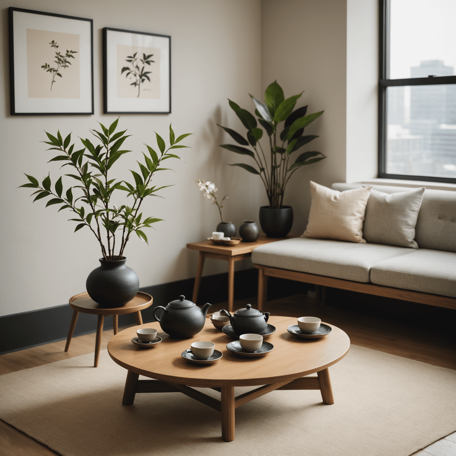 A minimalist tea ceremony corner in an office, featuring a low wooden table, cushions, and a small ikebana arrangement