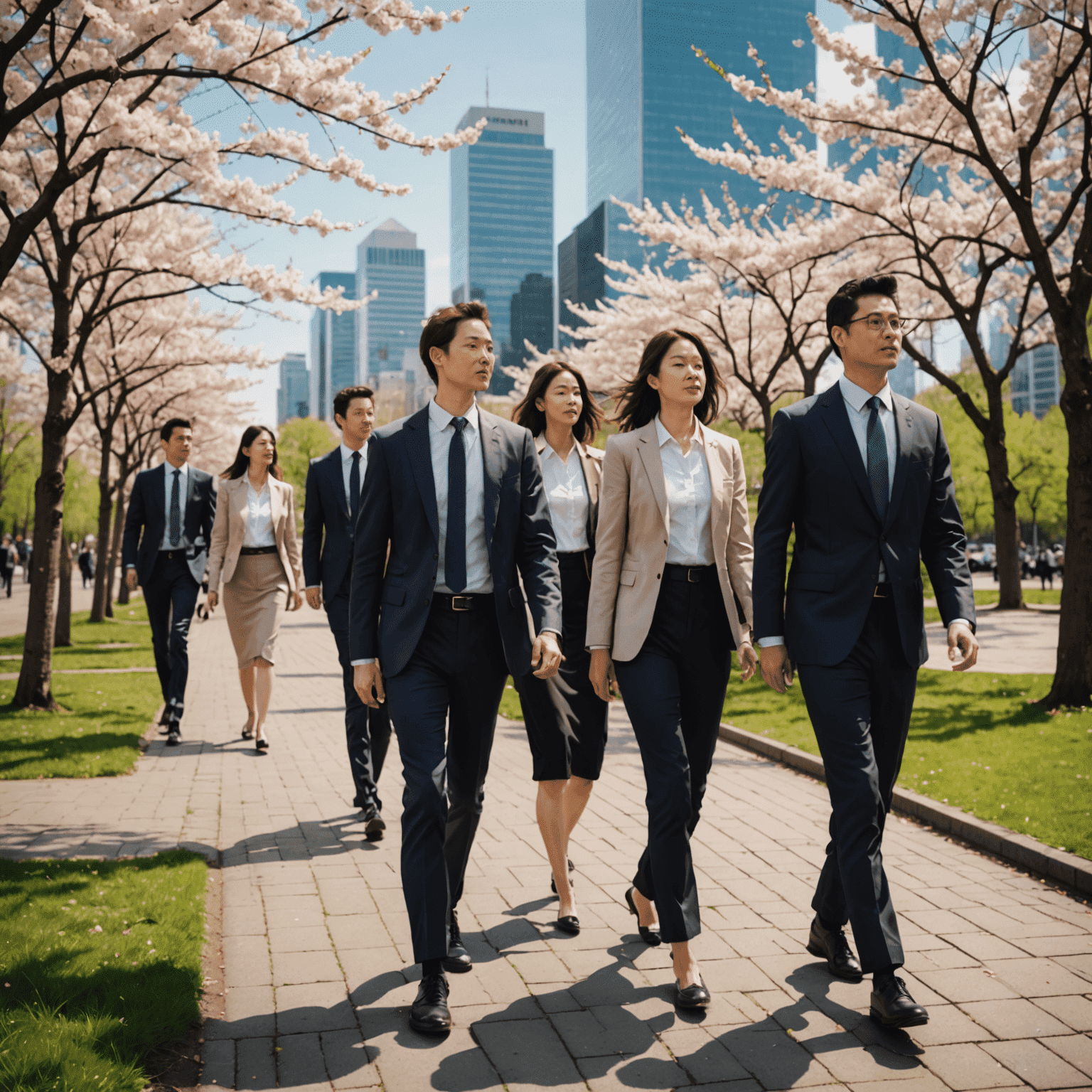 A group of office workers practicing mindful walking in a small urban park, surrounded by skyscrapers and cherry blossom trees.