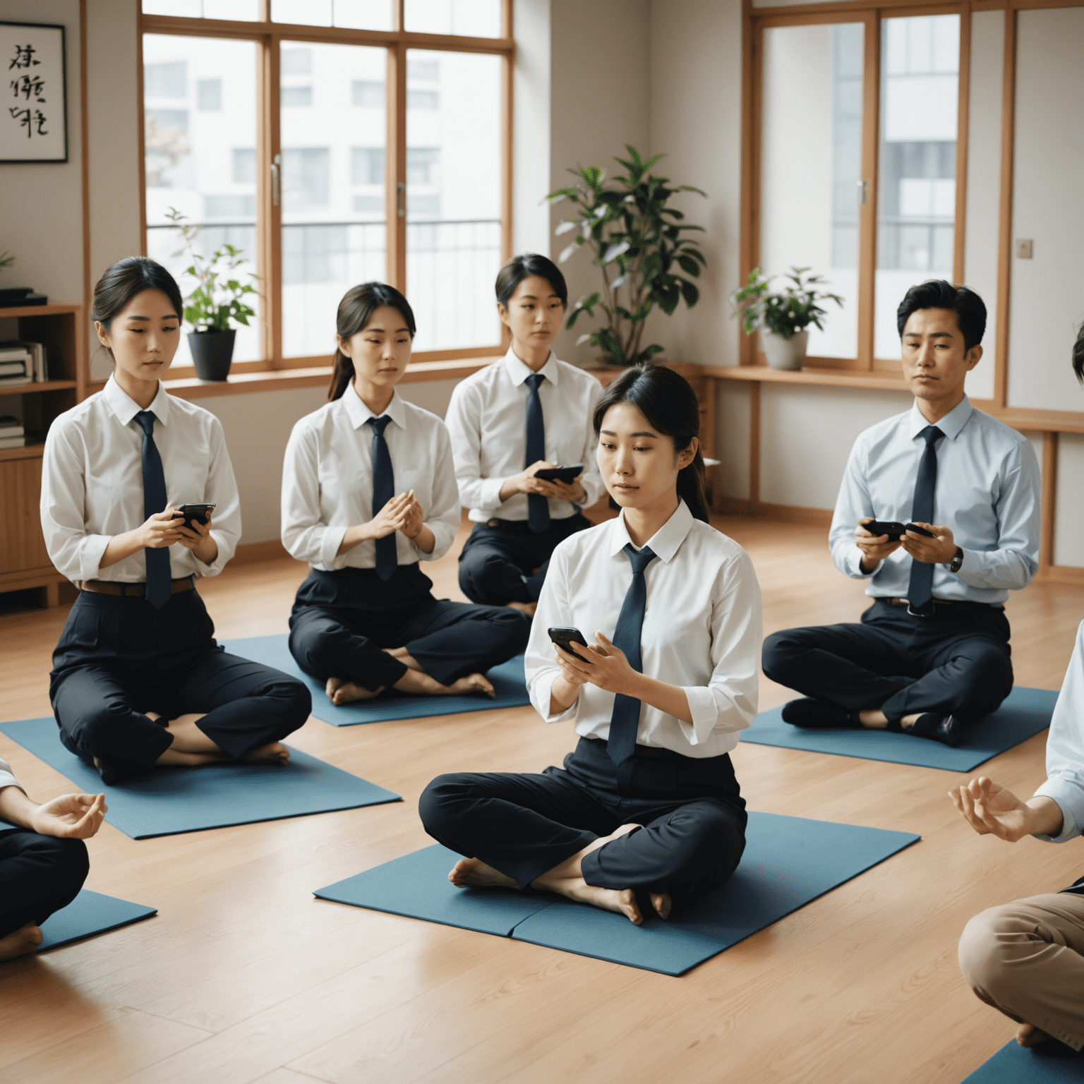 Japanese office workers engaged in a group meditation session, smartphones visibly set aside