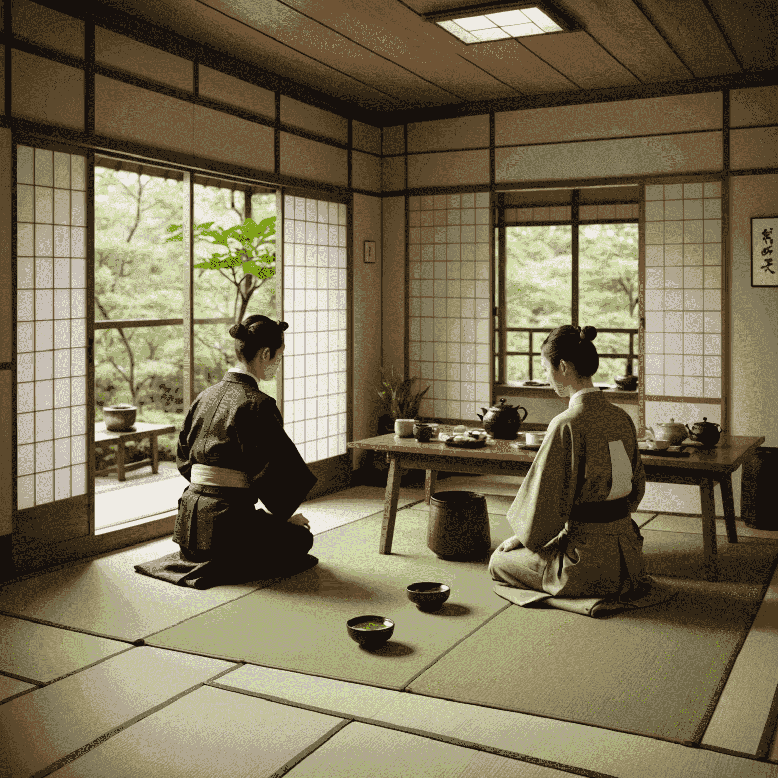 A traditional Japanese tea room with tatami mats and sliding doors. Two office workers in business attire are kneeling at a low table, mindfully preparing and drinking matcha tea.