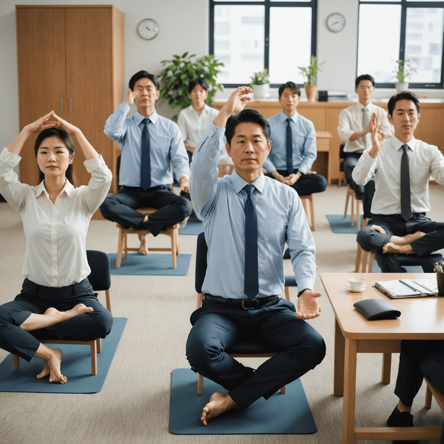 A series of images showing office workers performing simple yoga poses at their desks. The setting is a typical Japanese office with a mix of traditional and modern elements. Employees are seen stretching, doing chair yoga, and practicing deep breathing exercises.