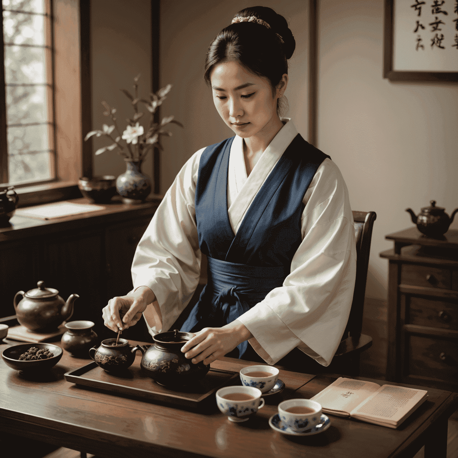 A professional in office attire performing a tea ceremony at their desk, looking calm and focused