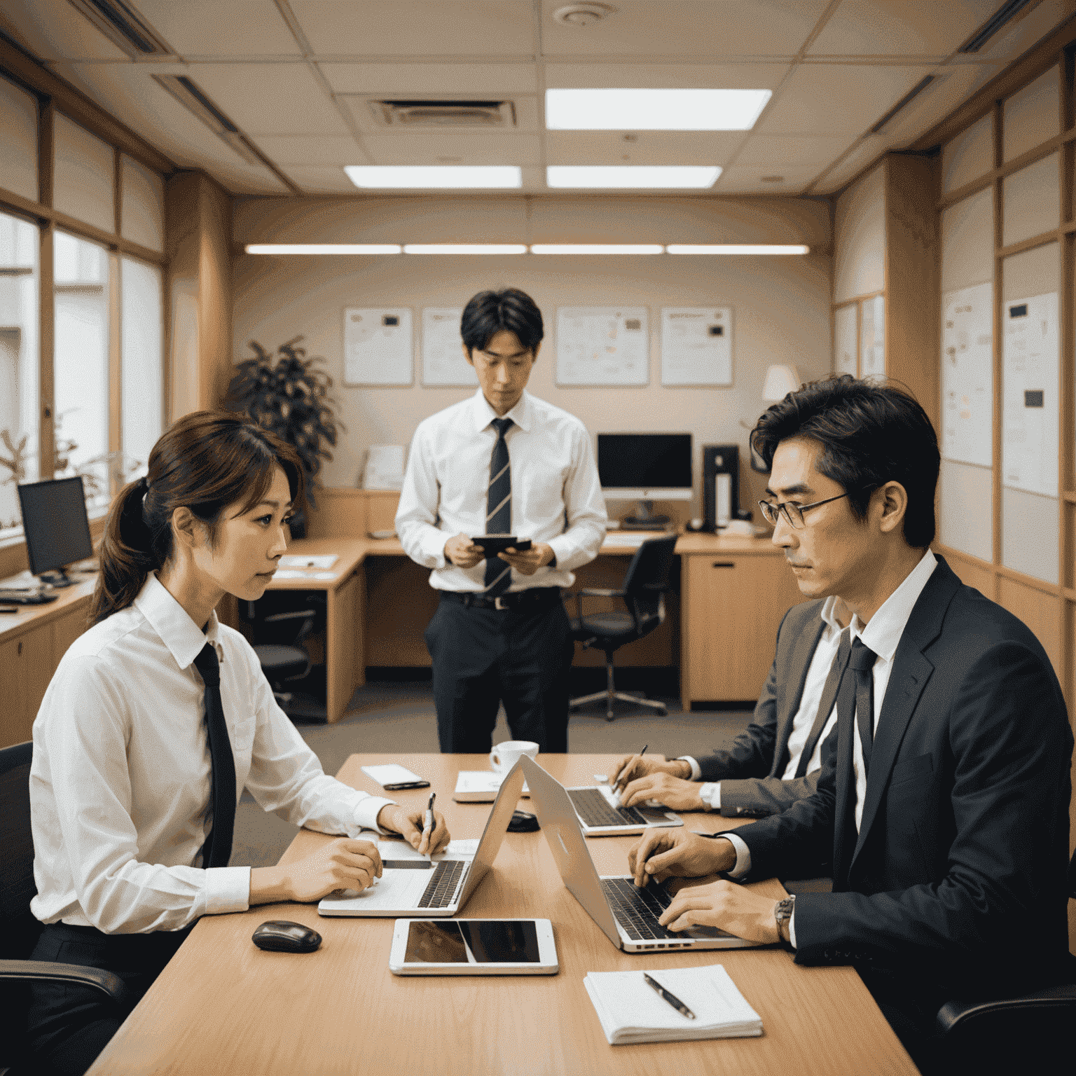 A Japanese office with employees engaged in face-to-face discussions, noticeably absent of digital devices