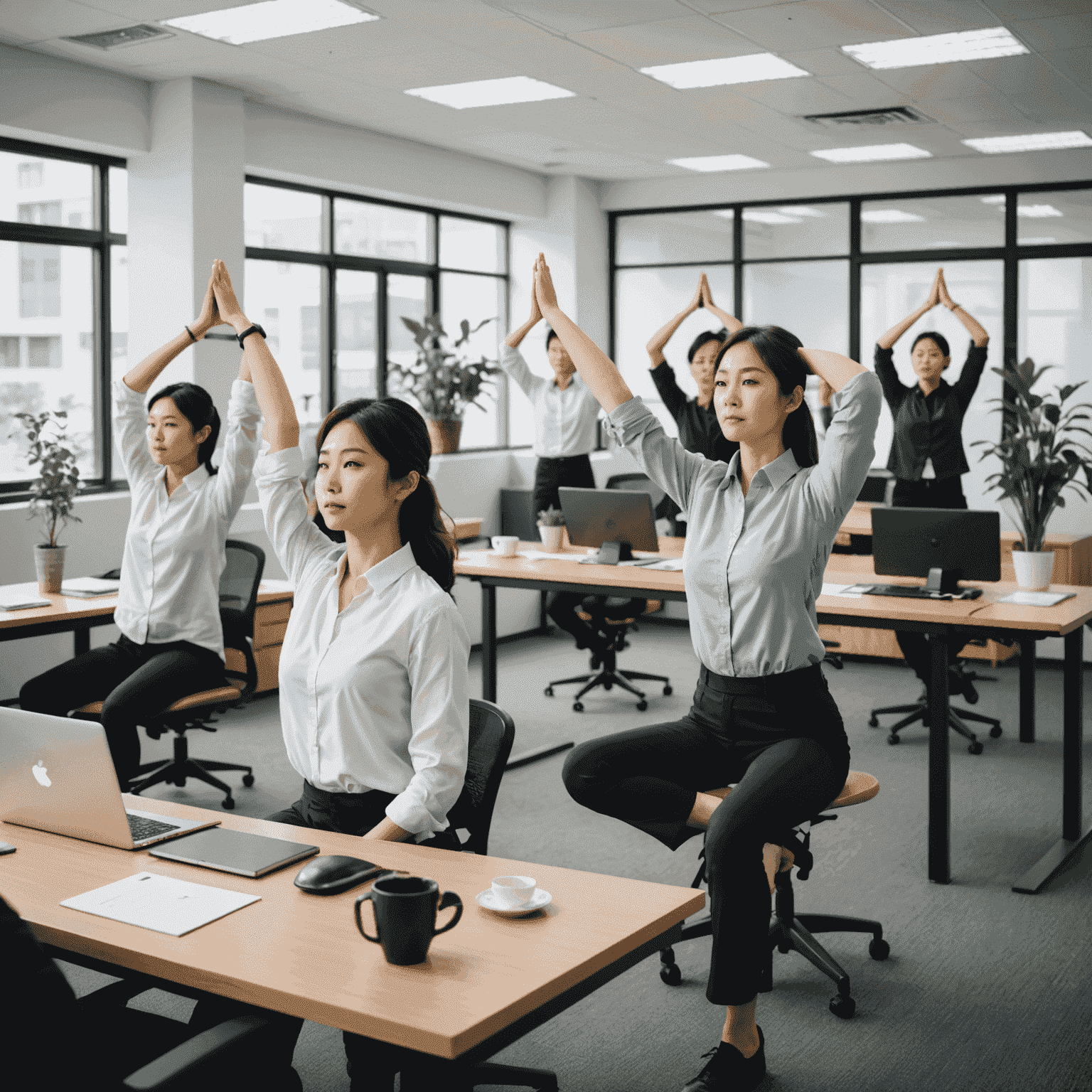 A modern Japanese office space with employees discreetly practicing yoga poses at their desks. One person is doing a seated twist, another is stretching their arms overhead, and a third is practicing deep breathing exercises.